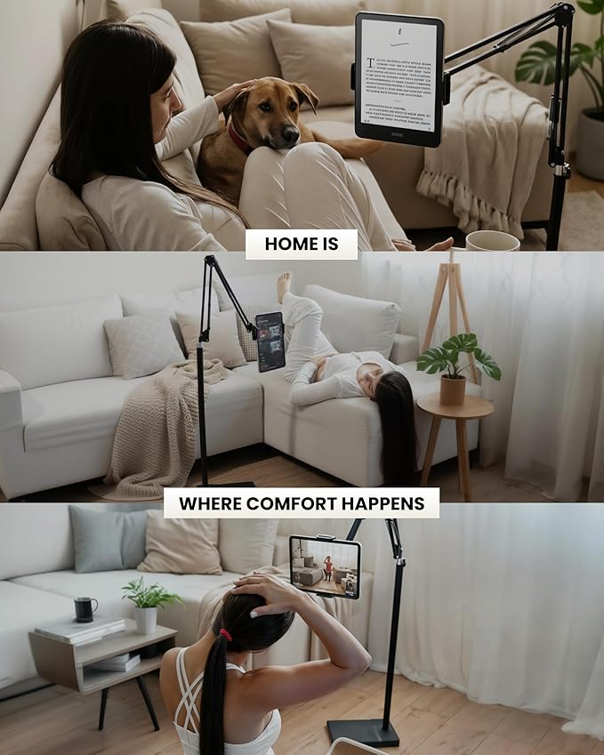 2-in-1 Tablet Floor Stand with tablet stand for desk – Stable 8lb Base with Stretchable Arm for Bed, Couch, or Desk Compatible with iPads, Galaxy Tabs, Surface Pro, Phones & E-Readers (4.7"–12.9")