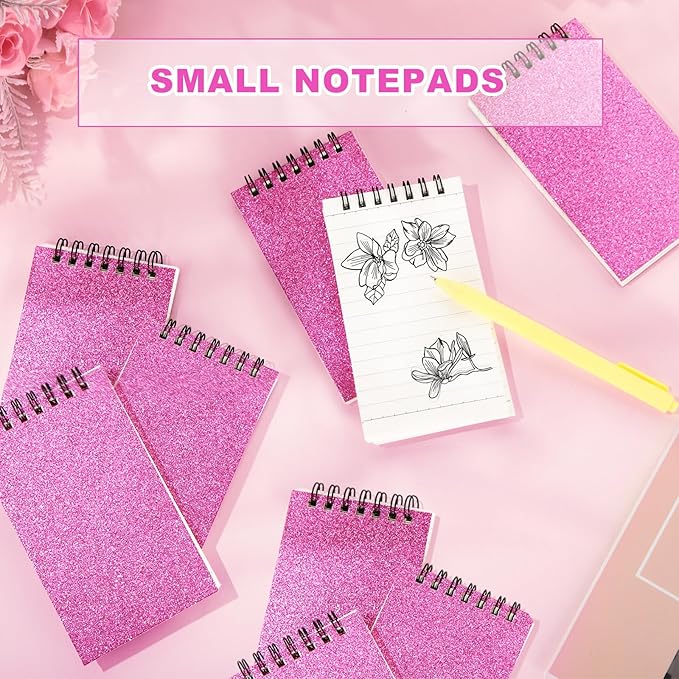 Tenceur 2 Pcs Pocket Notebook Small 3x5 Inch Spiral Notepads Mini Top Bound Notebook with Lined 120 Pages Ruled Memo Pads for Office College Nurse Essentials Back to School Gift (Glitter Pink)