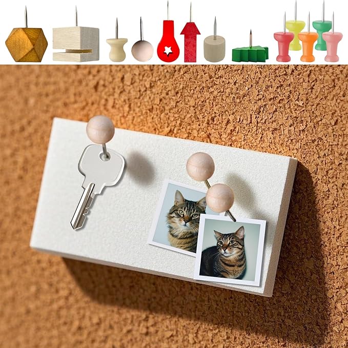 100 Pcs Wood Push Pins, CNYMANY Colored Thumbtacks for Bulletin Board, Decorative Eco-Friendly Corkboard Pins, Non-Slip Map Pins for DIY Wall Craft Projects Office & Home Supplies - 10 Styles