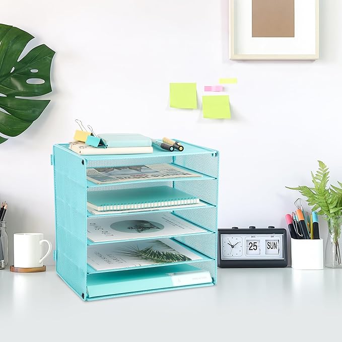 EASEPRES 5 Slot Mesh Desk Organizer Tray, File Paper Letter Folder Holder Desktop Paper Sorter Mail Organization Rack Storage Accessories, for Office Home School Classroom, Blue