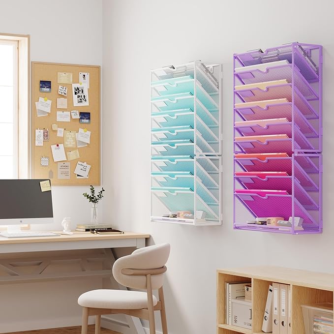 Lavatino Hanging Wall File Folders Organizer - 10-Tier Purple Metal Mesh Paper Magazine Document Mail Holder File Organizer for Office School Home Wall Mount or Desk Supplies Organization