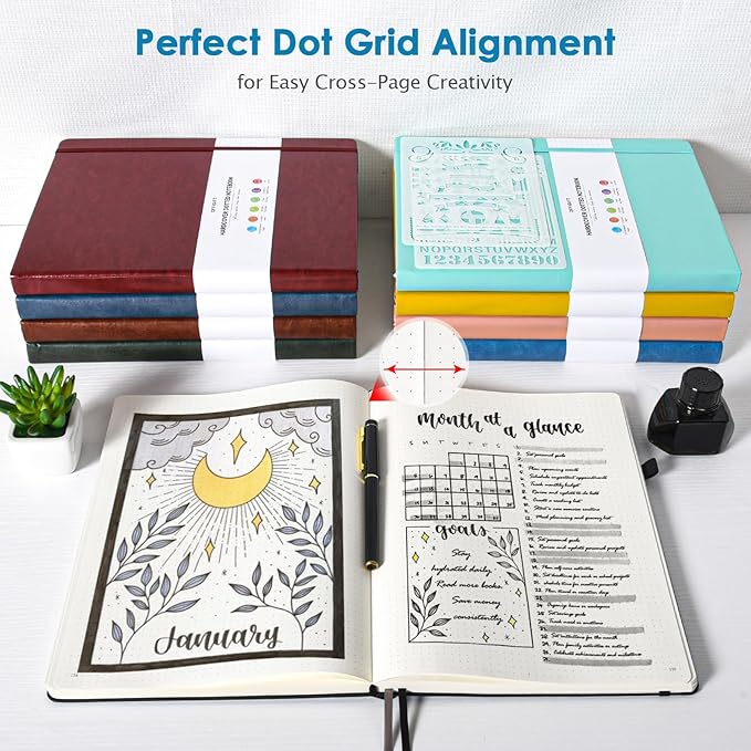 OFFIGIFT Bullet Dotted Journal, Large A4 Hardcover Leather Journal, 312 Numbered Pages Thick Journal, 100gsm No Bleed Paper Dot Grid Notebook for Women Men, 8.5'' × 11'', Blue