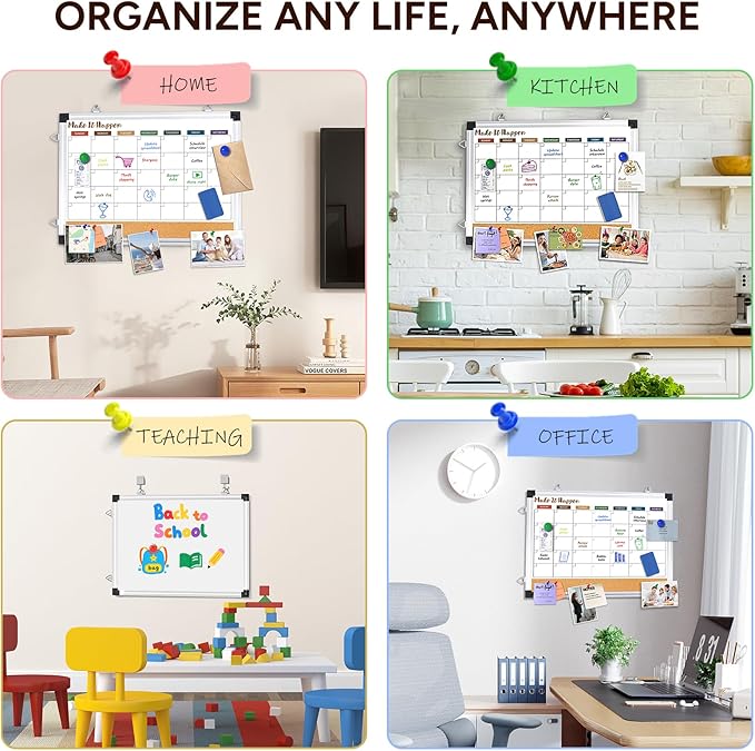 Monthly Dry Erase Board and Cork Board Combo for Wall, 17"x13" Reversible Hanging Dry Erase Board, Double Sided White Board with Aluminum Frame for Planning, Office, Kitchen, School, Home