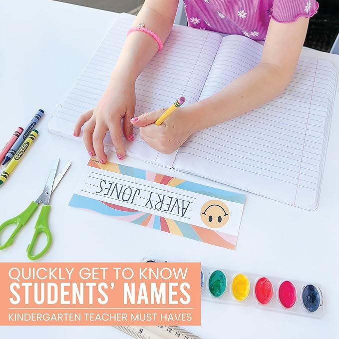 Desk Name Tags for Classroom -25 Student Name Plates for Classroom Kindergarten, Preschool, 1st, 2nd & 3rd Grade, 9x3 Teacher Nameplates for Student Desks & Cubbies, Retro Nametags