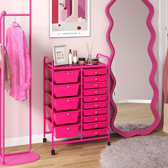 GLACER 15 Drawers Rolling Cart, Storage Cart with w/Removable Drawers & Steel Frame, Multipurpose Organizer Cart w/Sleek Handle, Utility Cart on Lockable Wheels for Home, School, Office (Hot Pink)