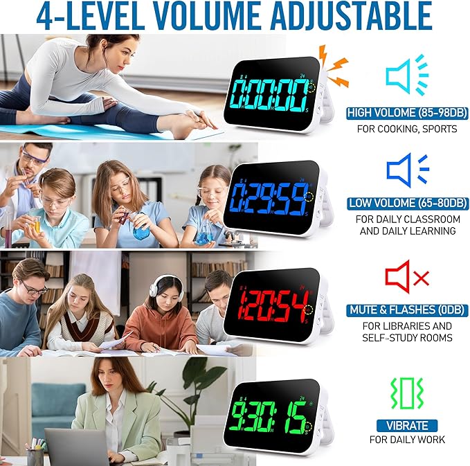 Kitchen Timer(1.5" Number)with Voice Reminder,10 RGB Color Changing Digital Magnetic Timer, Countdown/Up, Rechargeabilit, Brightness Display, 3 Volume Levels and Vibration Mode, for Classroom, Cooking