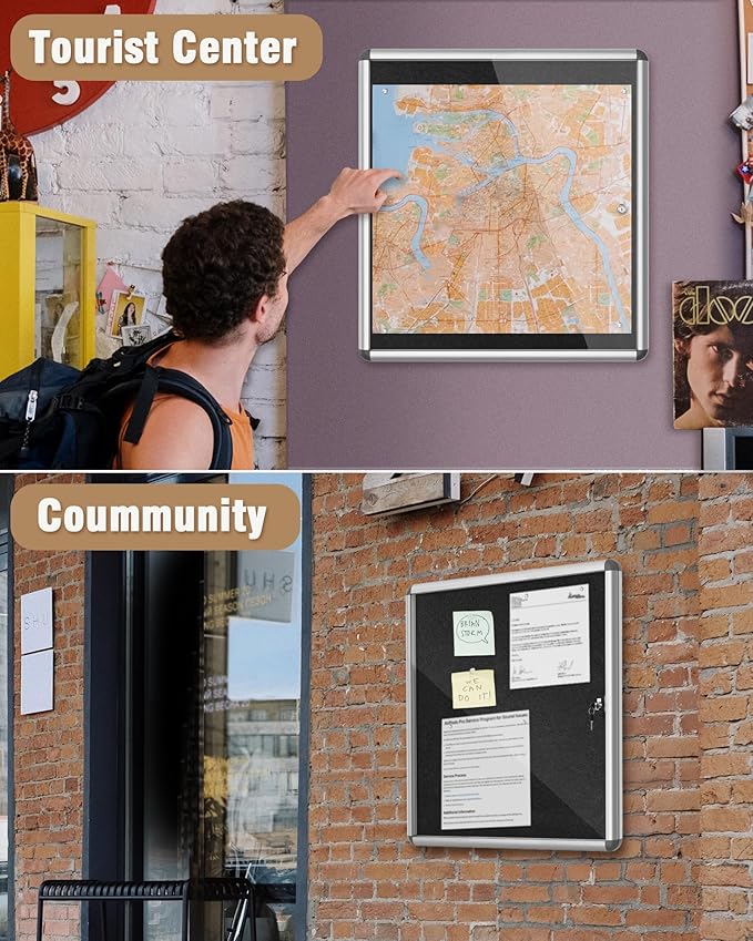 Mifuro 28"x26" Enclosed Bulletin Board, Lockable Weather-Resistant Aluminum Cork Noticeboard for School & Office, Silver Frame w/Black Flet