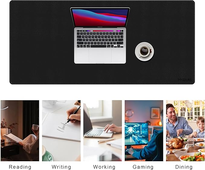 Mydours Extra Long PU Leather Desk Mat, 43.3" x 15.7", Waterproof Surface with Anti-Slip Suede Backing, Black - Extended Coverage for Monitors, Home Office Durable Scratch Resistant Desk Blotter
