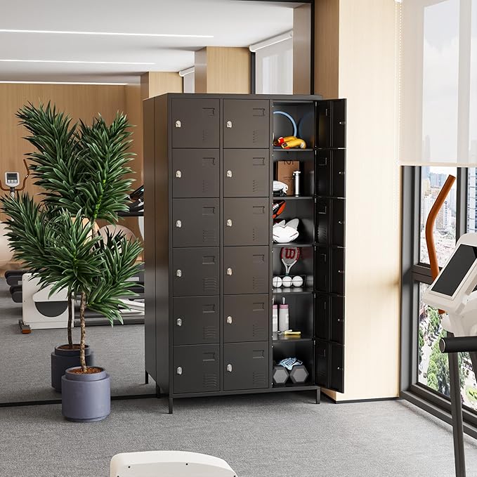 SUPEER Metal Lockers for Employees with 18 Doors, Metal Locker with Lock for School Garage Office Gym Home,Assembly Required,Black