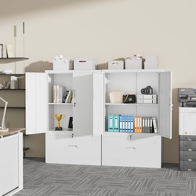 INTERGREAT Metal Filing Drawer Cabinet, Metal File Cabinet with Lockable Doors and Adjustable Shelves, Lateral Storage Cabinets for Garage, Home Office, Kitchen (White)