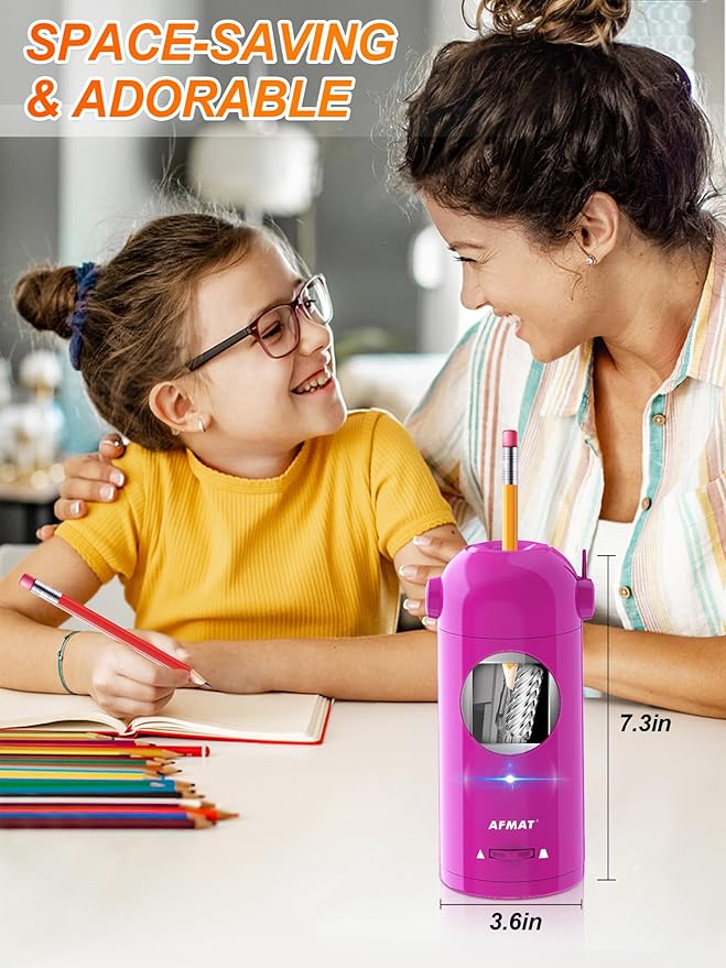 AFMAT Electric Pencil Sharpener, Fully Automatic Pencil Sharpener for Classroom, 7-11.5mm Colored/Jumbo Pencils, Auto in & Out, Rechargeable Hands-Free Sharpener for Home Office PSX5, Pink