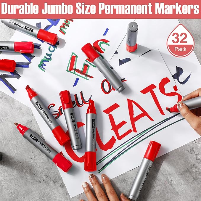 Fuutreo 32 Pcs Jumbo Permanent Markers Bulk Large Chisel Tip Permanent Markers Waterproof Jumbo Pens Quick Drying Office Supplies(Red)