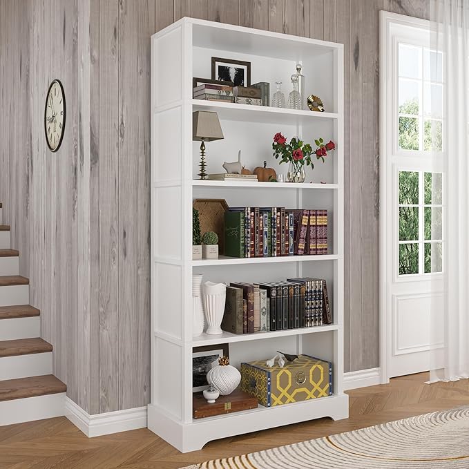 TVU 5-Tier Wooden Book shelf, 65"H × 31.5"W × 9.9“D Bookshelf with Storage, Floor-Standing Display Bookcase, Farmhouse Style Bookshelf with Arched Base, Suitable for Living Room, Study, Office, White