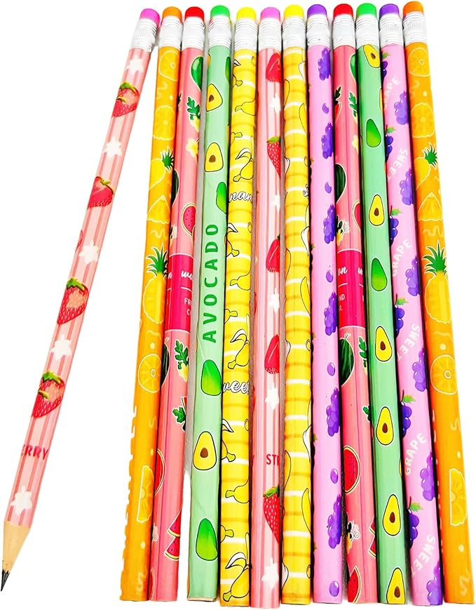 Jsehchya 72PCS Corlorful Wooden cased Pencils for Kids with Erasers, Wood Wedding Golf for School,Drawing,Gift (72PCS) (Fruit, 72)