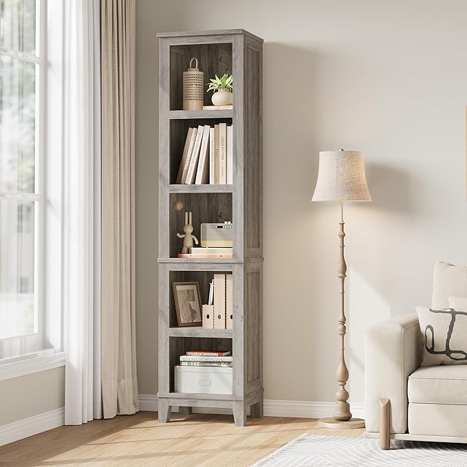 IDEALHOUSE 71" Farmhouse Bookshelf w/Adjustable Shelves & 31.5 in Whidth, 5 Tier Tall Bookshelf with Wooden Legs, Vintage Wooedn Book Shelf for Living Room Office (Gray, 71.3" H x 15.7" W x 11.8" D)