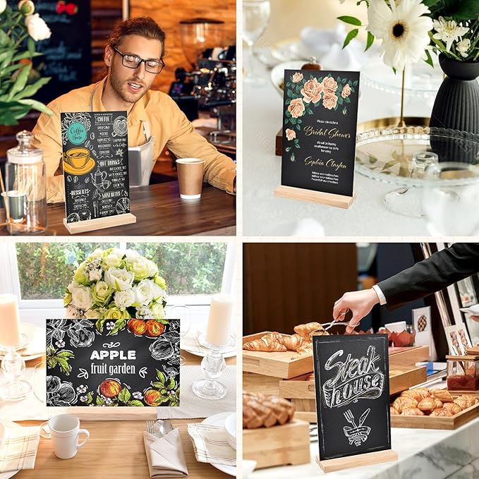 Bouiexye 2 Pack 8.1x12 in Chalkboard Signs with Stand for Tables Small Chalk Board Signs Tabletop Message Board Sign with Wood Base for Home Decorations Coffee Shop Restaurant Kitchen Wedding Party