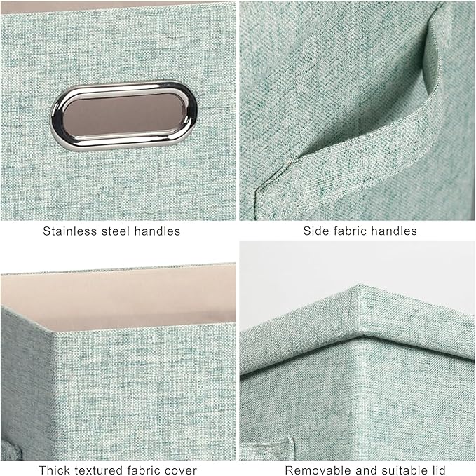 Graciadeco Large 17" 36 Quart Collapsible Stackable Storage Bins with Lids, 3 Packs Light Green Linen Fabric Closet Boxes with Lids, Storage Cube Baskets Container Organizers for Office (17x12x11)