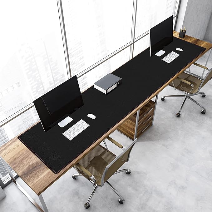 ZORESYN PU Leather Desk Mat Waterproof Anti-Oil Dining Table mat - 66.9" x 19.7" - Non-Slip Mouse Pad,Large Desk Pad with Suede Base,Stitched Edges Computer Desk Mat for Gamer,Office & Home | Black