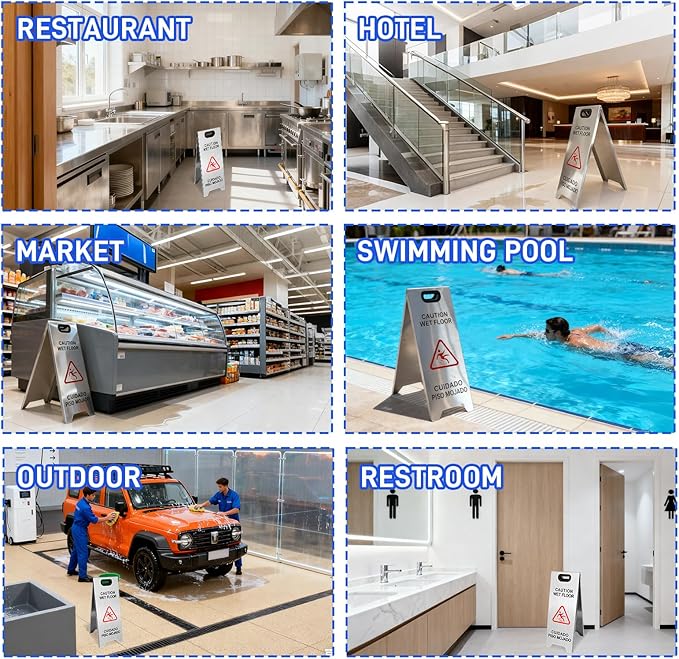 Kerty 4 Pack Stainless Steel Wet Floor Sign, 24 Inch Caution Wet Floor Sign Portable Foldable Bilingual Safety Warning for Hotel Market Restroom Restaurant Office (Silver)