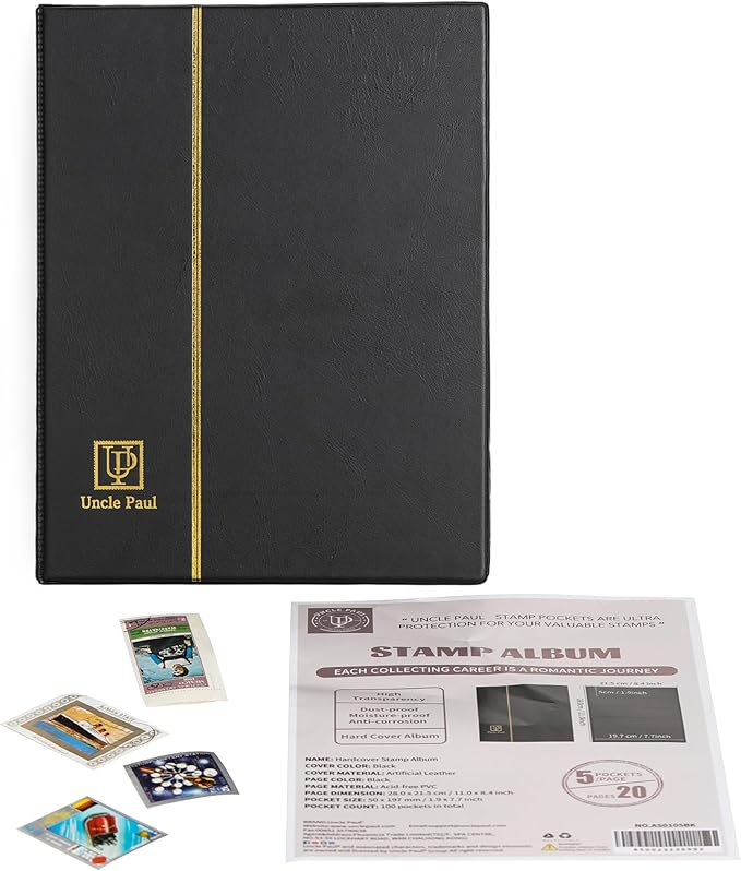 Stamp Albums 100 Pockets - Stockbooks with 50x197mm Sleeves, 10 Double Sided Black Page with Leatherette Padded Black Cover, Collection Storage Folder for Paper Money Postage Stamps AS0105BK