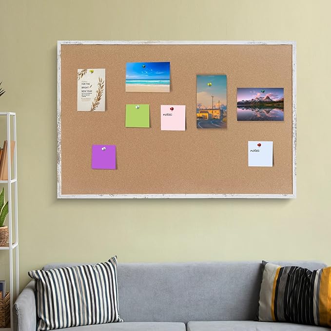 Cork Bulletin Board, 48 X 32 Inches White Framed Message Vision Board, Large Wall Mounted Notice Memo Pin Board with 28 Push Pins