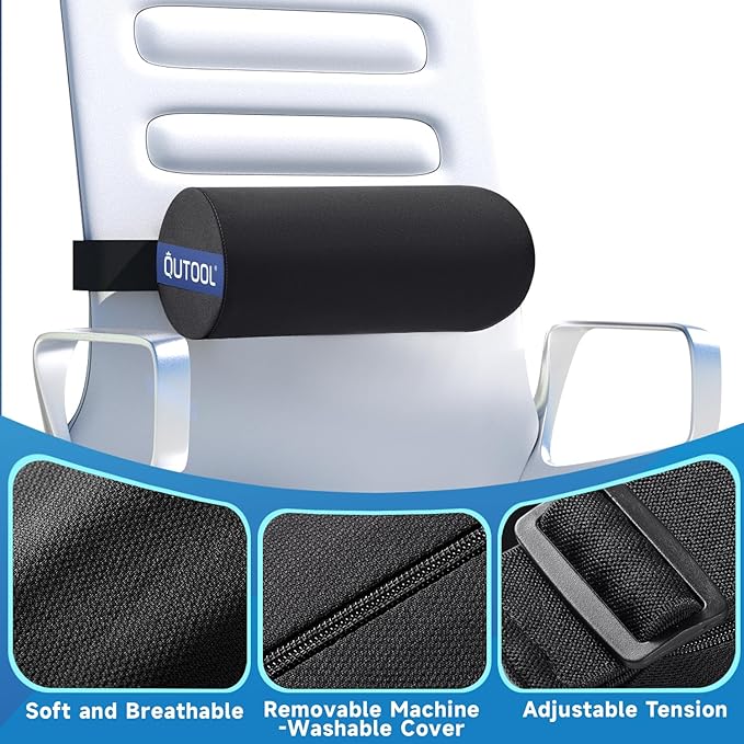 QUTOOL Lumbar Roll, Lumbar Support Pillow for Office Chair with Non-Slip Wider Strap, Back Pain Relief & Posture Improvement, Washable Cover, Office Desk & Car Accessories, Medium Soft