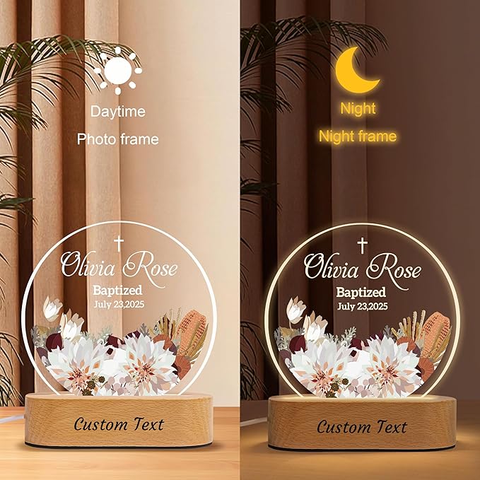 7GEEFT Personalized Baby Gifts for Kids, Custom Flower Acrylic Sign Plaque with Name Night Light for Boys Girls, Baby Shower Newborn Baptism Christening Gifts, Children's Bedroom Nursery Room Decor