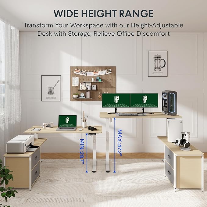FLEXISPOT 55" L Shaped Standing Desk with Drawers and Shelves, Large Corner Stand Up Desk with Headphone Hooks for Home Office, Light Wood Grain Top+ White Frame