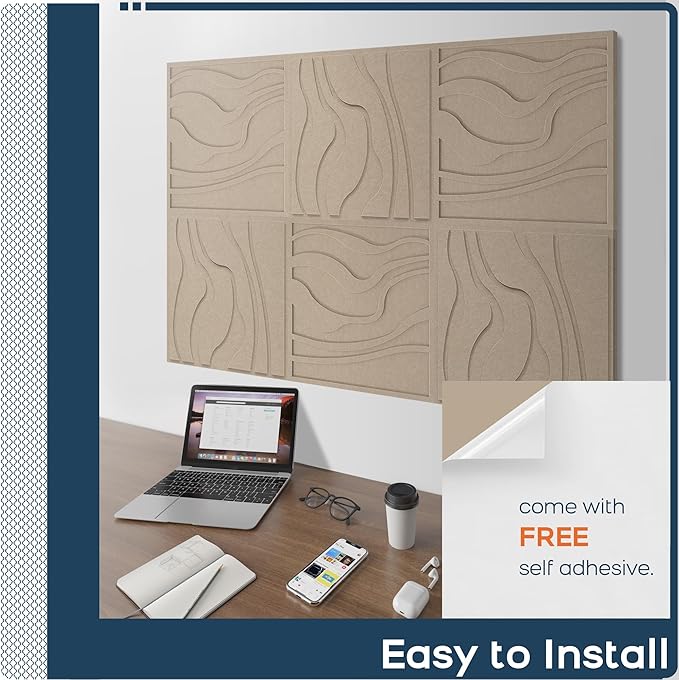 BUBOS Large Acoustic Panels, 6-Pack Soundproof Wall Panels Thickened 23.6 x 23.6 Inches, Self-adhesive Sound Absorbing Panels Decorative for Recording Studio Office Home Theater, Camel