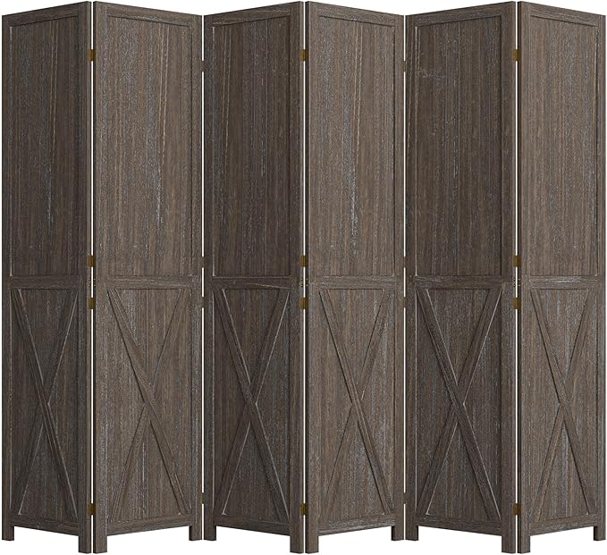 Cozy Castle Wood Room Divider, 6 Panels Folding Privacy Screen, 66.9'' Wall Divider, Barnwood Room Separator, Freestanding Partition, Temporary Wall for Decorative, Rustic Brown