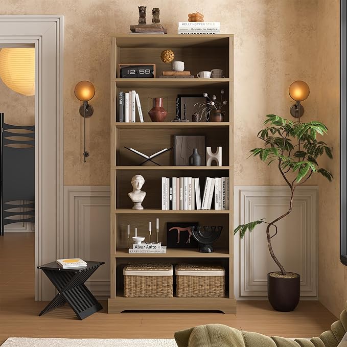 TVU 6-Tier Wooden Bookshelf, 77.2" Tall Farmhouse Style Open Bookcase, 31.5" W Standing Book Shelf with Storage, Suitable for Study, Living Room, Office, Teak