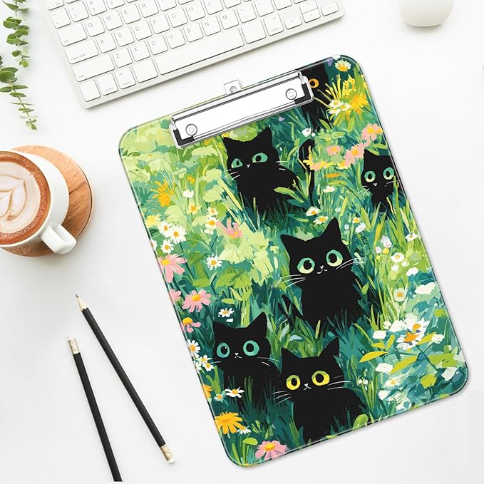 Luminzo Plastic Cute Clipboard Low-Profile Metal Clip, A4 Letter Size 9 x 12.5 in, 8.5 x 11 Paper Clip Board for Teachers, Nurses, Classroom,Cute Black Cats