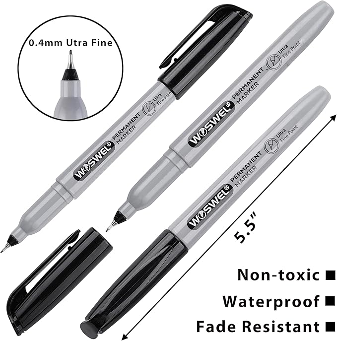 WOSWEL Permanent Markers Bulk, Ultra Fine Point, 48 Pack Black Permanent Marker set, Felt Tip Pens Works on Plastic, Wood, Stone, Metal and Glass for Doodling, Marking