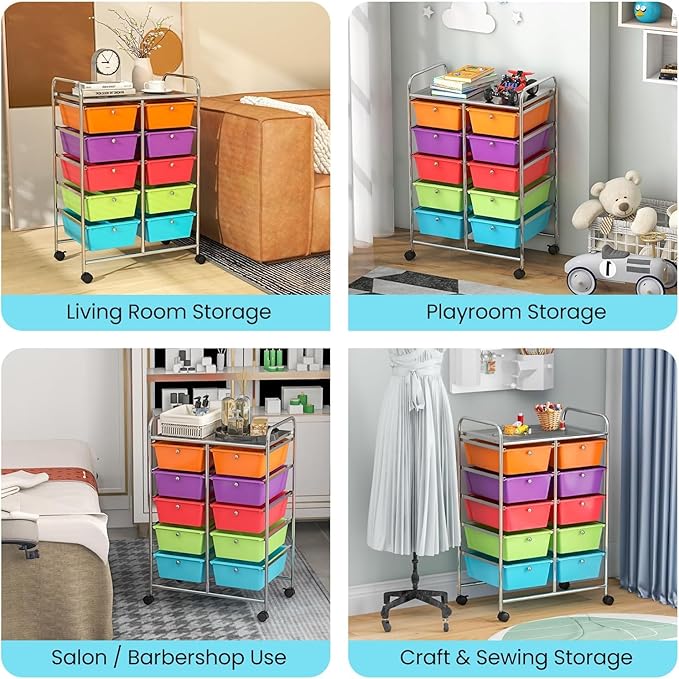 LDAILY 10 Drawer Rolling Cart, Storage Cart Organizer on Wheels, Drawer Cart with Metal Frame & Large Storage Capacity, Rolling Cart with Drawers for Living Room Classroom, Office