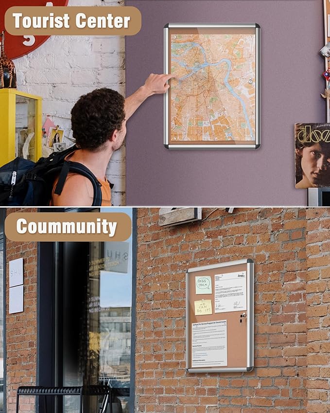 Mifuro 26"x20" Enclosed Bulletin Board, Lockable Weather-Resistant Aluminum Cork Noticeboard for School & Office, Silver Frame w/Cork