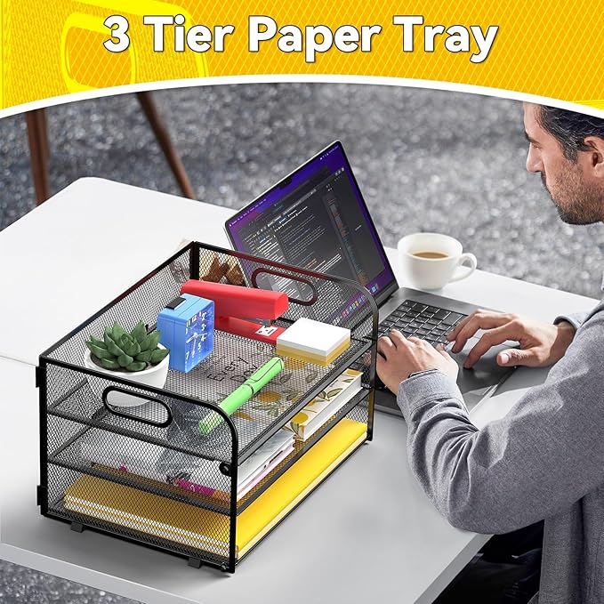 MINDEPOT 3 Tier Paper Organizer Tray with Handle, Mesh Letter Tray for Office, Home, School (1 Pack), Black