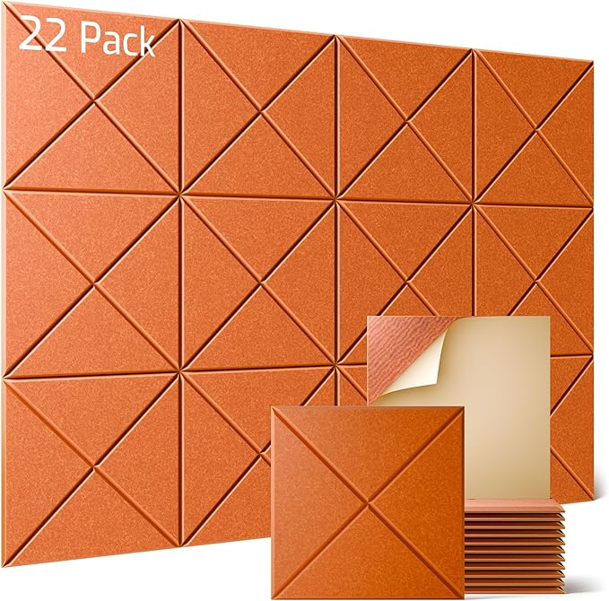 Sonicism 22 Pack X-Lined Acoustic Panels with Self-Adhesive, 12"X 12"X 0.4" Sound Proof Foam Panels, Decorative Soundproof Wall Panels, Sound Absorbing Tile for Home & Offices, Orange