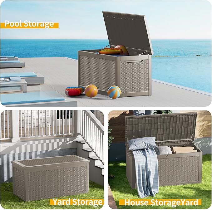 Decksplore 320 Gallon Outdoor Storage Box Waterproof Lockable Resin Deck Box Large, Patio Storage Bin for Pool Accessories Cushion Furniture, Garden Tools, UV-Resistant Outside Delivery Grey