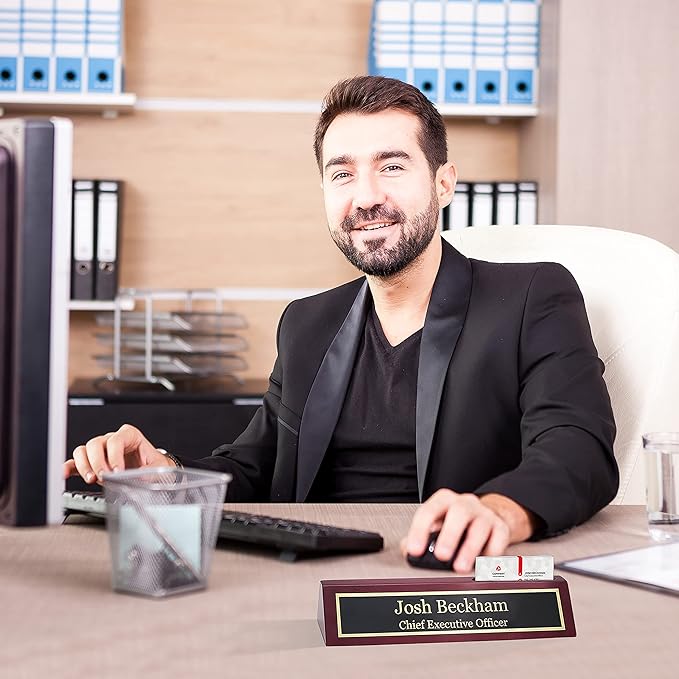 Business Wood Name Plate for Desk | Custom Desk Name Plate Personalized Gift for Office, The Perfect Engraved Name Plaque by Engraving International (2" x 10" with Card Holder, Rosewood Piano Finish)