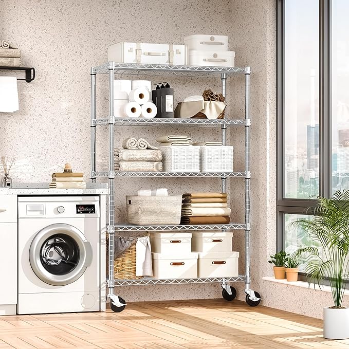 M MZG 5-Shelf Storage Shelves,Wire Shelving Heavy Duty Metal Storage Shelving Unit Adjustable Garage Shelving Rack Pantry Kitchen (Chrome, 5 Tier,17.7" D x 47.2" W x 76.7" H)