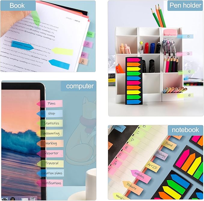 Golcellia Fluorescent Translucent Sticky Note Flags, 1200 Pcs Total, Pack of 10 Color Tabs, Arrow Index Tabs, Page Flag Markers