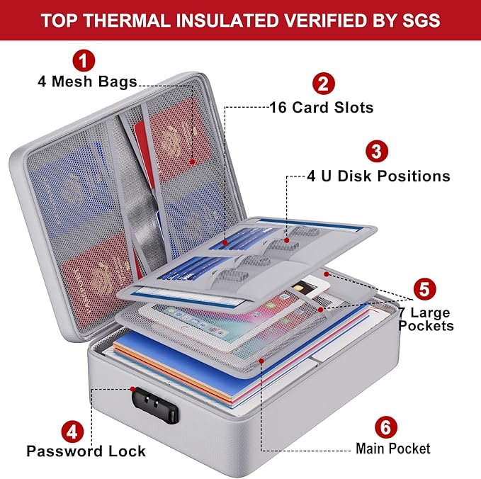 ENGPOW 5200°F Fireproof Document Bag with Lock, Upgraded Heat Insulated Fireproof&Waterproof Box 8 Layers Document Organizer, Portable Home Travel Safe Storage Box for Important Files, Laptop, Silver