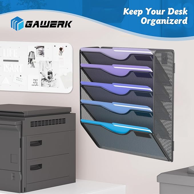 Gawerk 5 Tier Hanging Wall File Organizer, Mesh Mail Paper Orgnization Hanging File Folder Holder for Home Office, Black