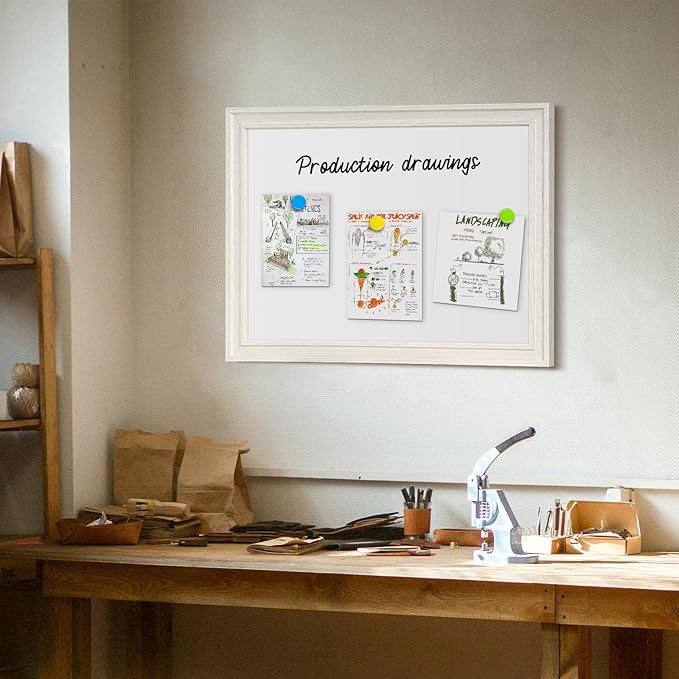 White Board for Wall, 24'' x 18'' Magnetic Dry Erase Board, Decorative Whiteboard with White Vintage Wooden Frame, Hanging Writing Board for Home Office School Dorm