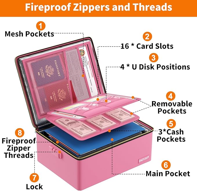 ENGPOW Fireproof Document Box, Hard Case File Box with Fireproof Zipper&Lock, 6400°F Heat Insulated Fire and Water Resistant File Organizer Storage Safe for Important Documents Laptop Cash, Pink