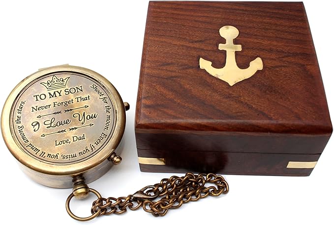 US HANDICRAFTS Brass Compass with Wooden Case | Engraved Compass from Mom to Son | Graduation Gift, Birthday, Inspirational Travel Keepsake