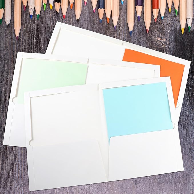 Yeaqee 125 Pack 2 Pockets Glossy Laminated Paper Folder First Day of School Presentation Folder Letter Size Two Pocket File Portfolio Holder Back to School Items Bulk for Teacher Office (White)