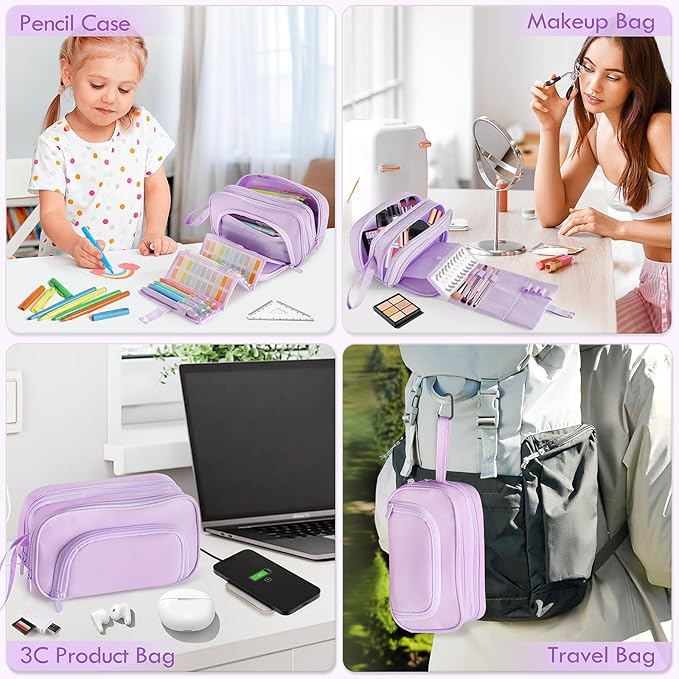 SANANT Large Capacity Pencil Case with Pull-out Structure - Multifunctional Extra Big Pencil Pouch Pen bag, Portable Stationery Organizer with Zipper, Office School Supplies for Boys Girls, Purple
