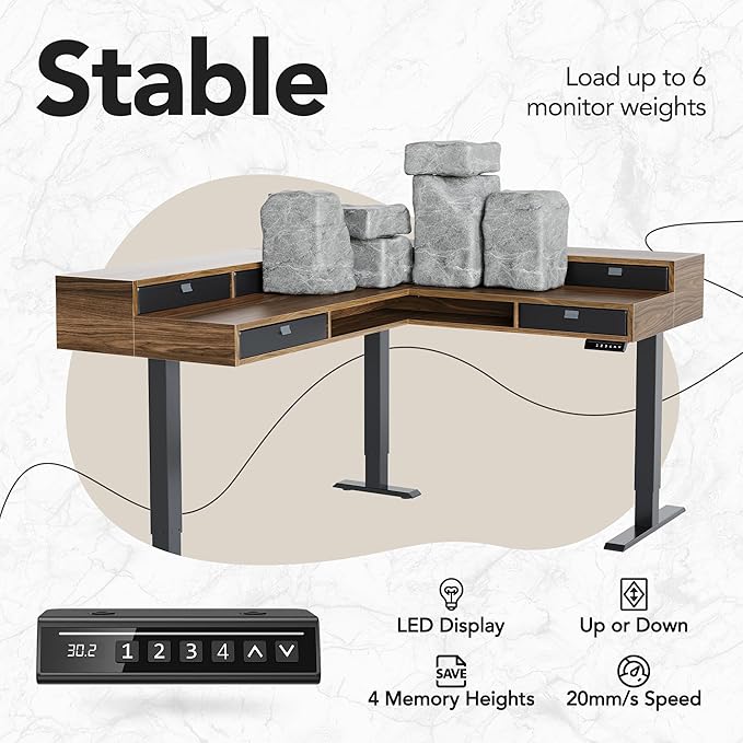 HUANUO 65.5" × 57.6" Electric L Shaped Standing Desk with 6 Storage Drawers, 2-Tier Corner Sit Stand Desk with Power Strip Tray & Cable Grommets, Height Adjustable Computer Gaming Table, Walnut