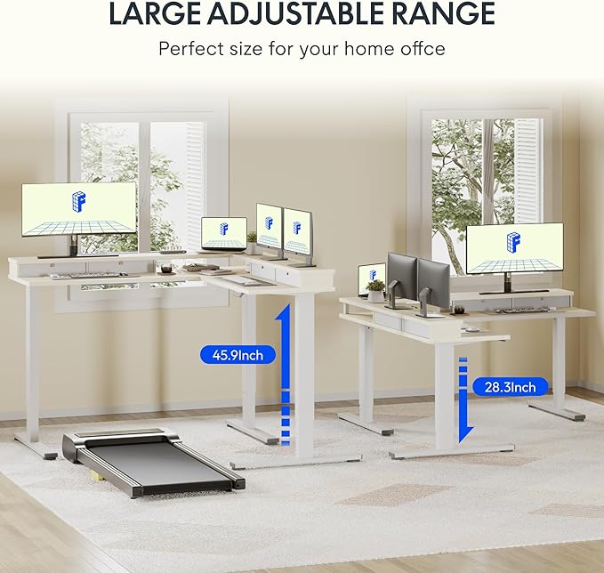 FLEXISPOT 71" L Shaped Standing Desk Electric Corner Table with Shelf, 4 Storage Drawers, Adjustable Computer Workstation for Home, Office, Game, Studio,Light Maple Top + White Frame
